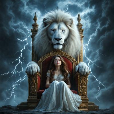 The primary subject of the image is a woman sitting on a chair, with a lion statue behind her. The setting is a dark and stormy sky, creating a dramatic atmosphere. The visual style is a digital art, with the woman and the lion statue being depicted in a detailed and realistic manner. The colors and mood of the image are dark and moody, with the woman and the lion statue being the main focus of the scene.